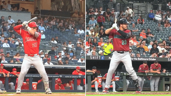 An animated GIF of Mike Trout and Nolan Arenado home run swings