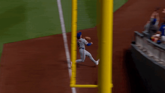 An animated gif of Mets outfielder Nick Morabito slamming into the railing to make a catch