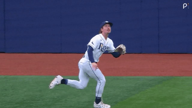 An animated gif of Rays outfielder Jonny DeLuca making a diving catch