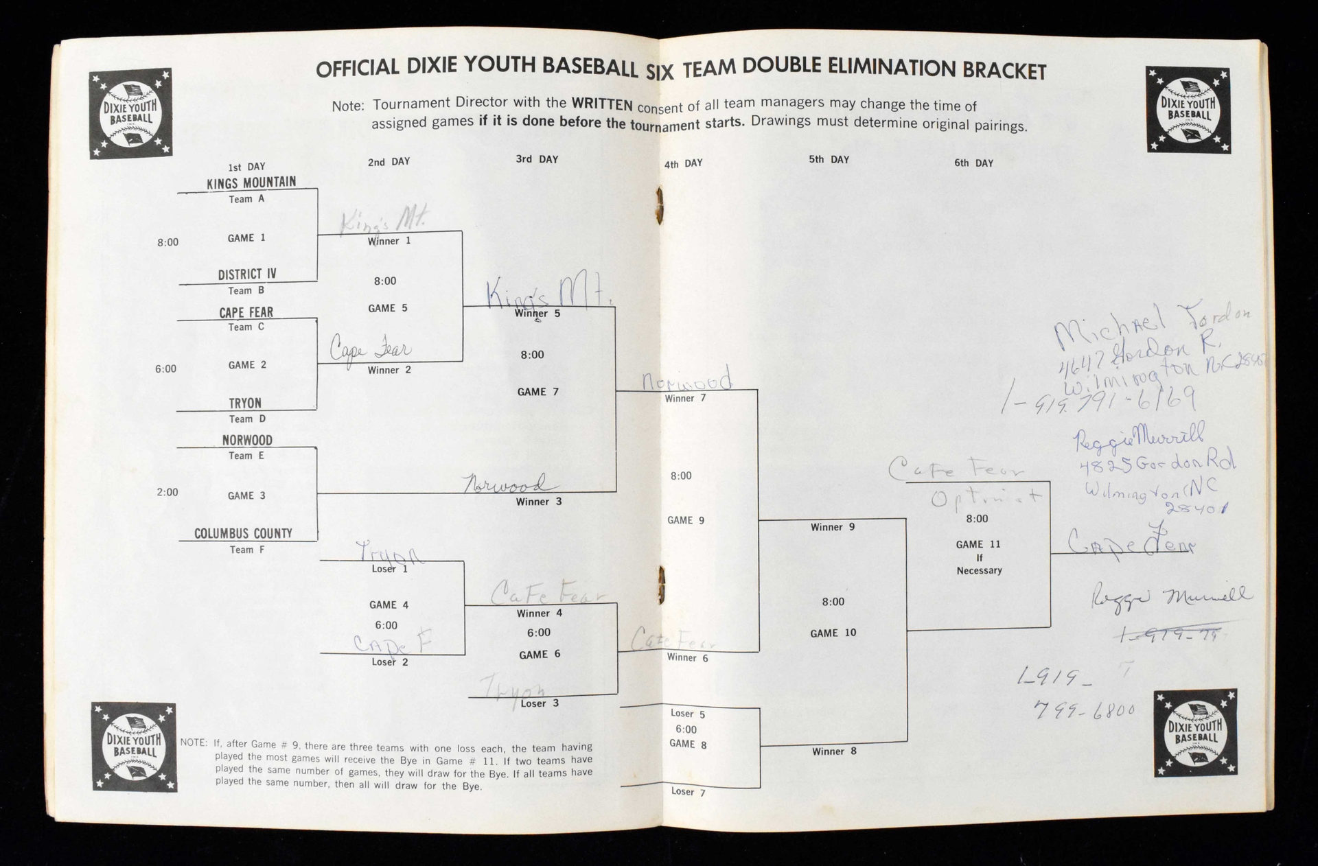 1975 North Carolina Dixie Youth Baseball State Tournament program signed by Michael Jordan