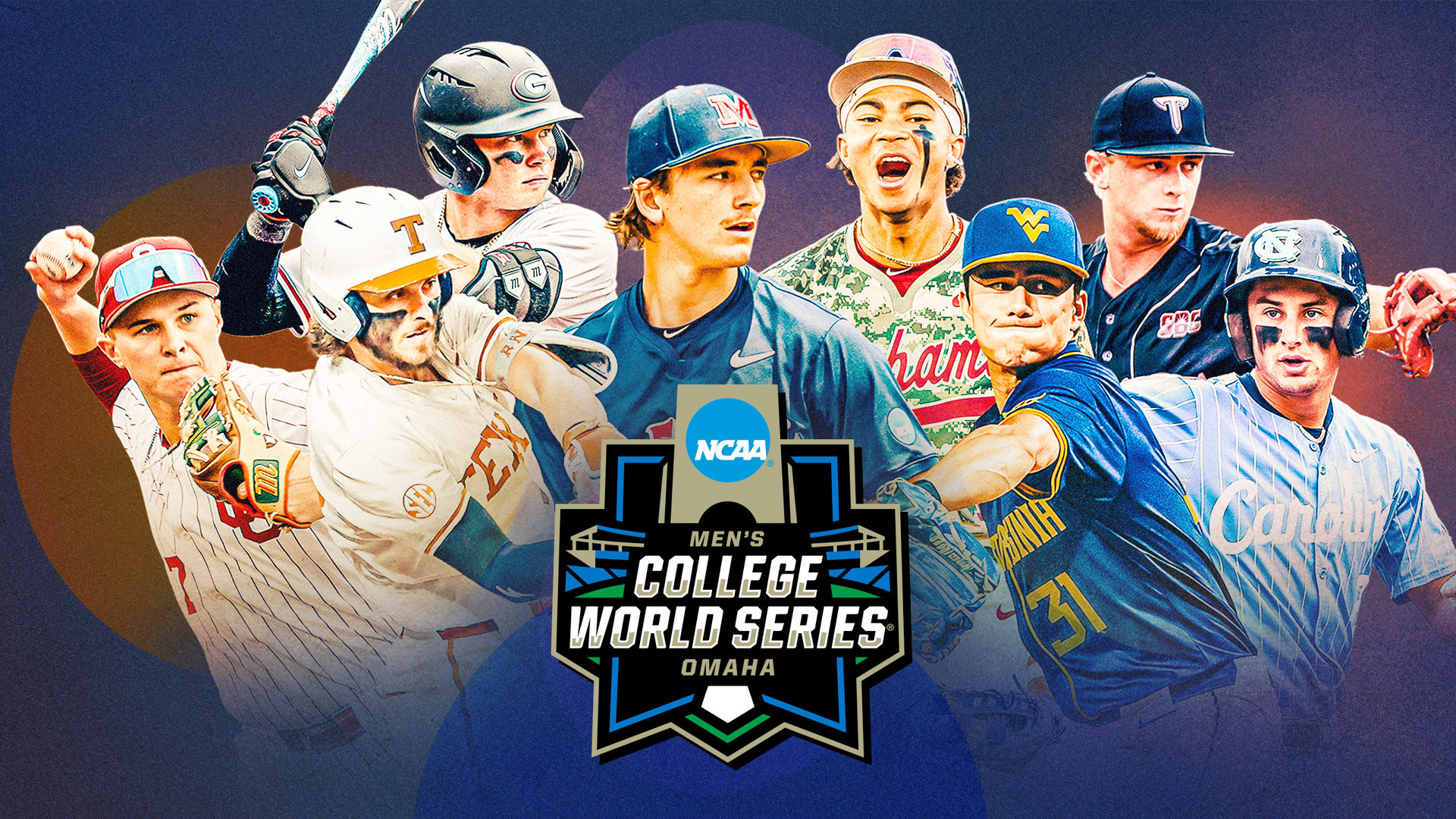 Men's College World Series Image with silhouettes of multiple college stars Men's College World Series Image with silhouettes of multiple college stars