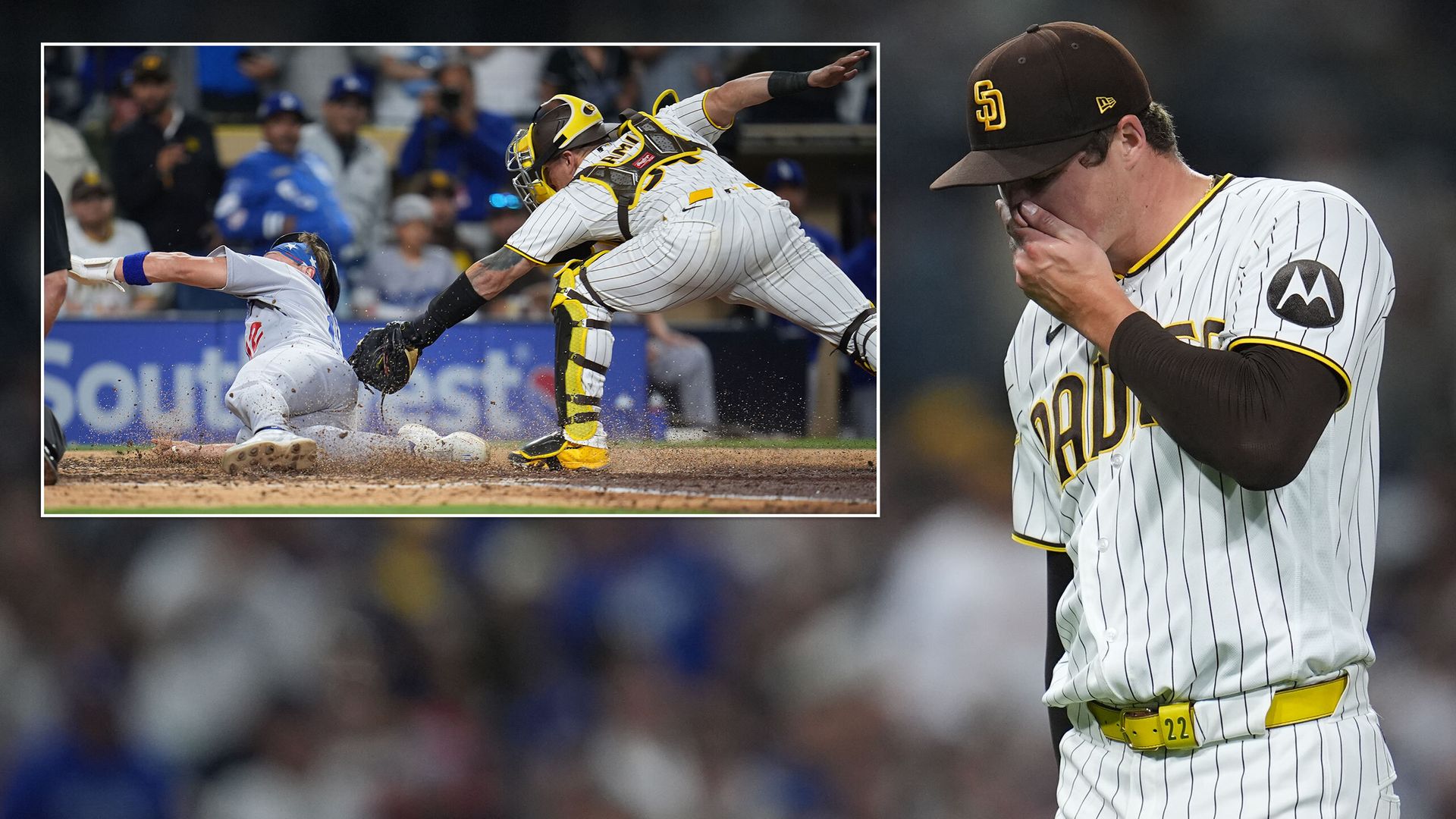 Padres closer Mason Miller with an inset of Alex Call scoring the winning run for the Dodgers