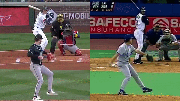 An animated GIF of Colt Emerson and Ken Griffey Jr.'s home run swings An animated GIF of Colt Emerson and Ken Griffey Jr.'s home run swings