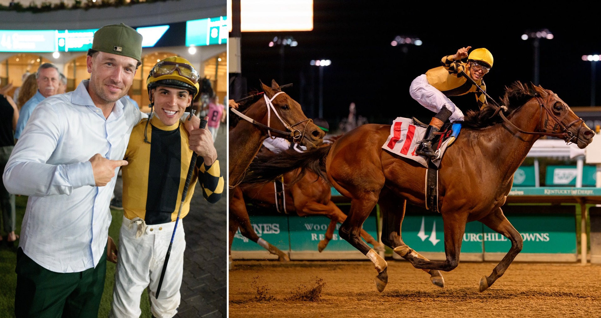 Left: Alex Bregman and jockey Axel Concepcion. Right: Act of Parliament racing