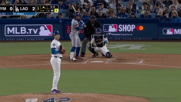 An animated GIF of Shohei Ohtani striking out Francisco Lindor after an 11-pitch at-bat