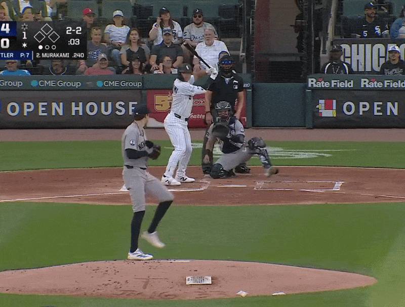 An animated GIF of Cam Schlittler striking out Munetaka Murakami