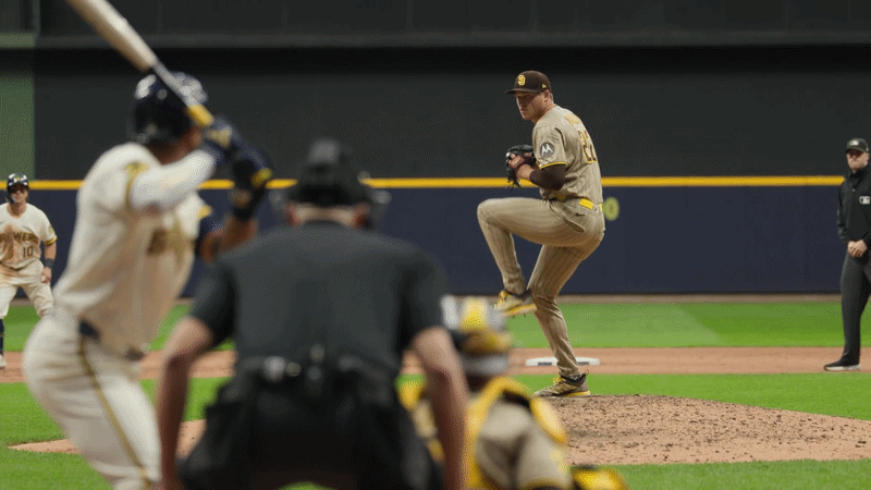 An animated GIF of Jackson Chourio's hit off Mason Miller