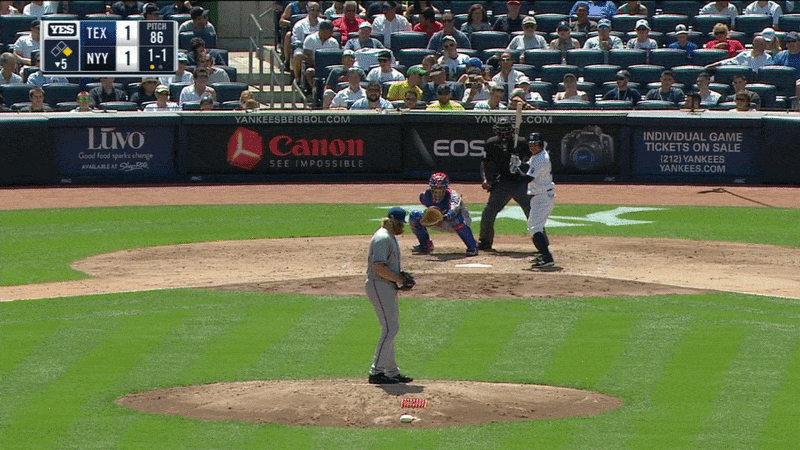 An animated GIF of Ronald Torreyes swinging at a pitchout