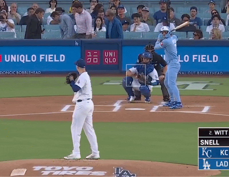 An animated GIF of Blake Snell striking out Bobby Witt Jr.