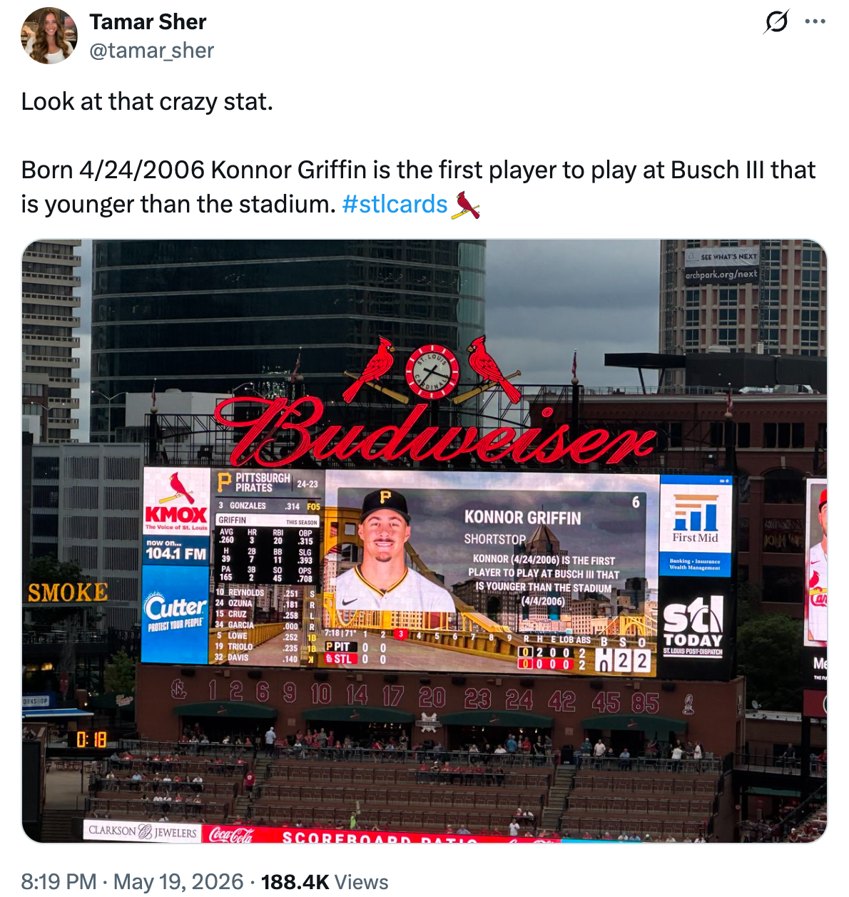 Konnor Griffin is the first player younger than Busch Stadium to play at the ballpark